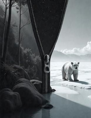 The primary subject of the image is a polar bear standing on a snow-covered surface. The setting is a snowy landscape with a mountain in the background. The visual style is a combination of digital art and illustration, creating a striking and realistic representation of the polar bear. The colors and mood of the image are predominantly cold and wintry, with the polar bear being the focal point of the scene.